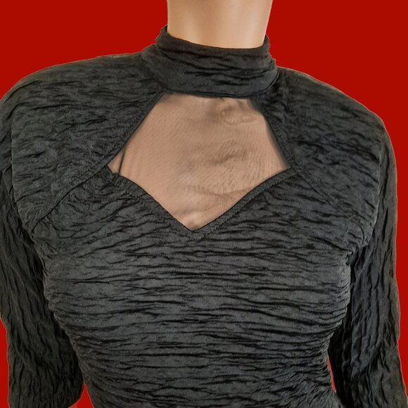 Vintage 90s Black Gothic Vampy Midi Dress Size S High Neck Cut Out Crinkled - Picture 2 of 10